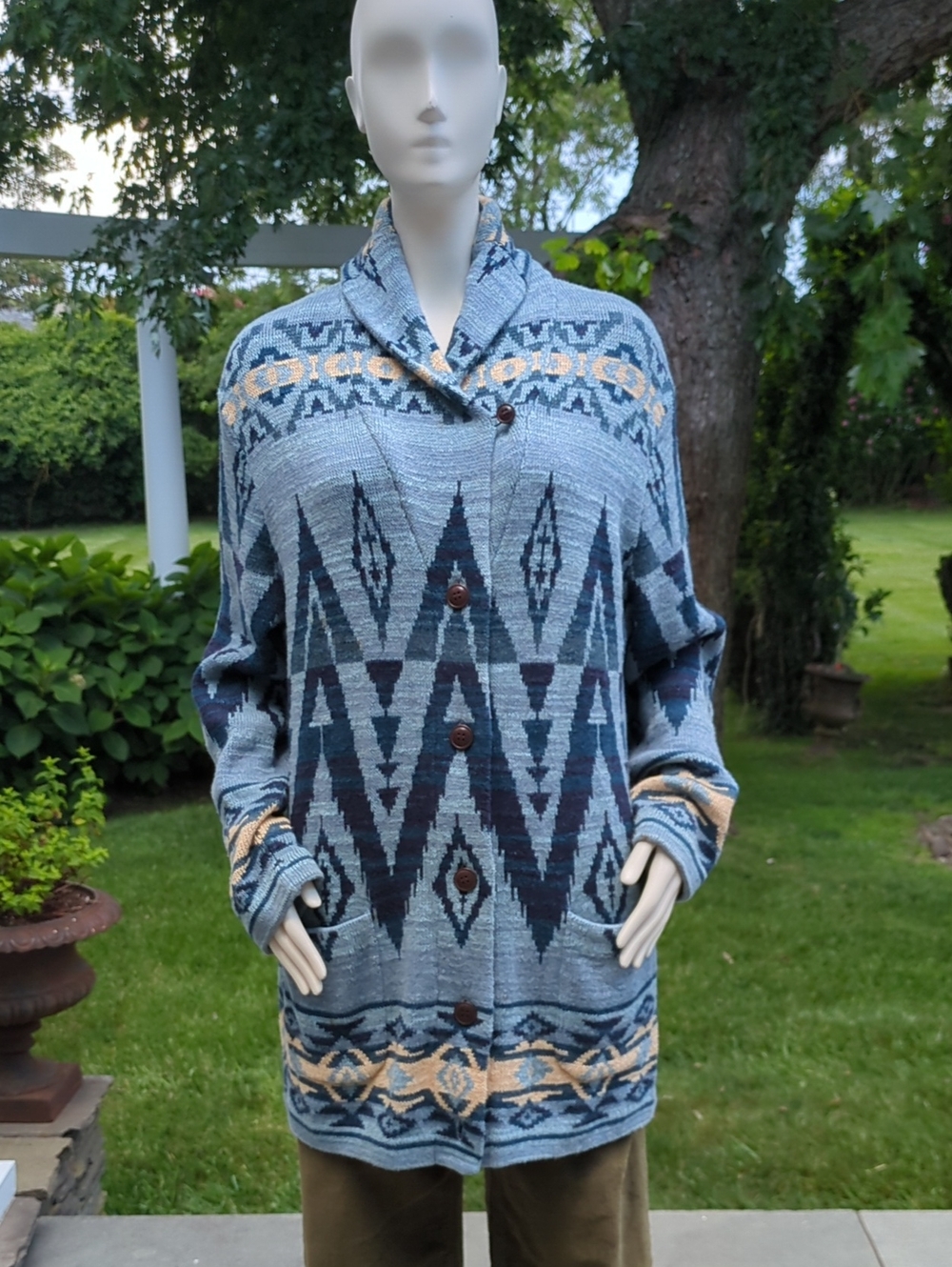 Ralph Lauren Cozy Blue Geometric Button-Front Sweater
